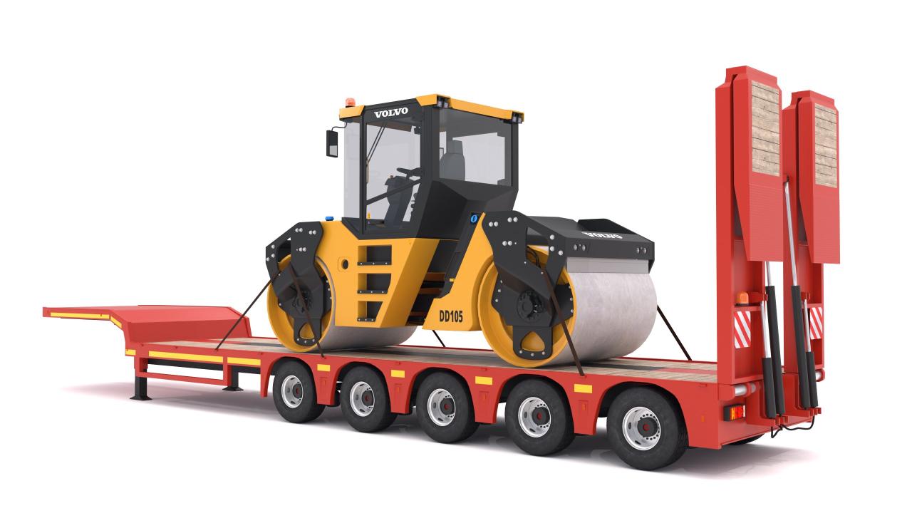 Lowboy Trailer with Volvo DD105 Road Roller Compactor 3d models