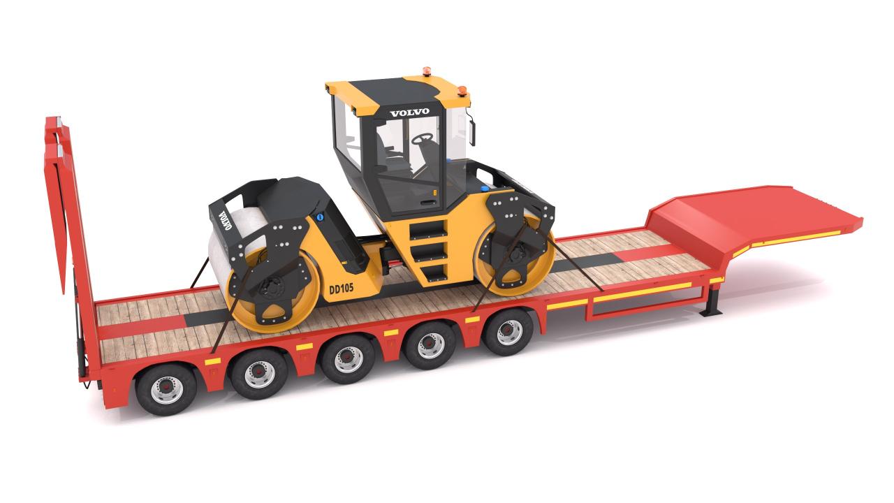 Lowboy Trailer with Volvo DD105 Road Roller Compactor 3d models