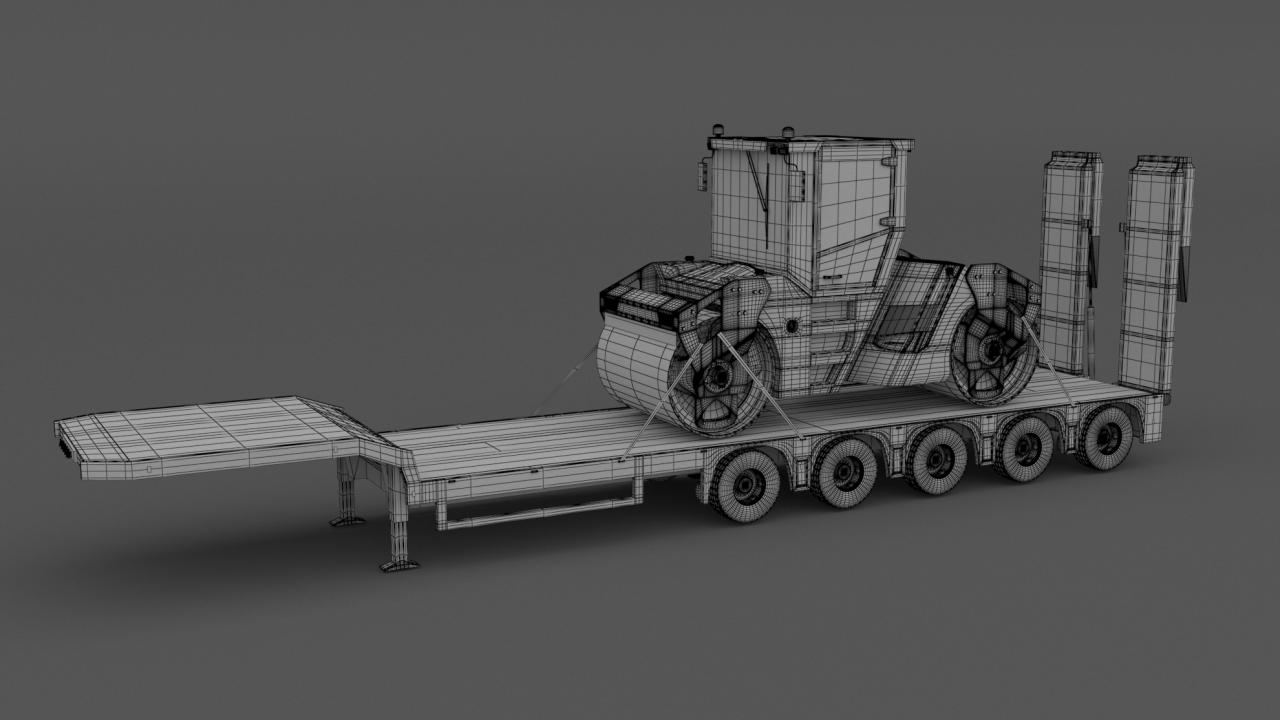 Lowboy Trailer with Volvo DD105 Road Roller Compactor 3d models