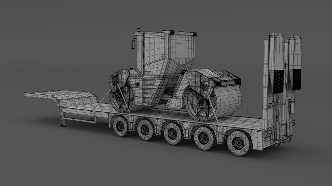 Lowboy Trailer with Volvo DD105 Road Roller Compactor 3d models
