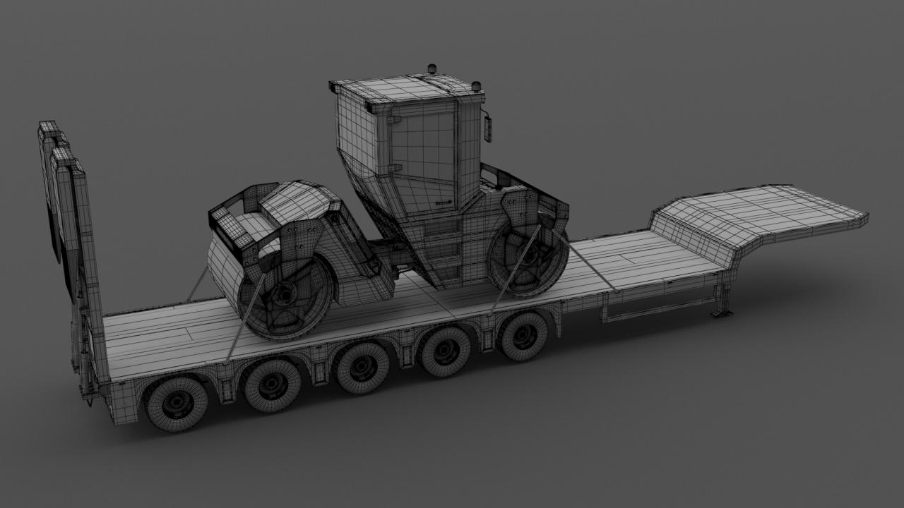 Lowboy Trailer with Volvo DD105 Road Roller Compactor 3d models