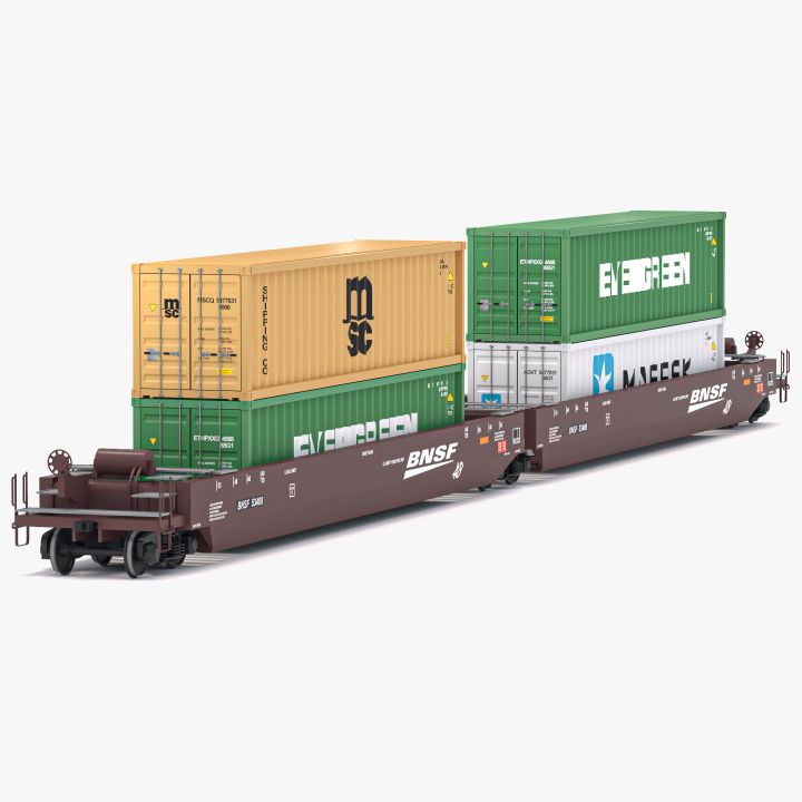 Double Stack Railcar BNSF with Containers 3d models